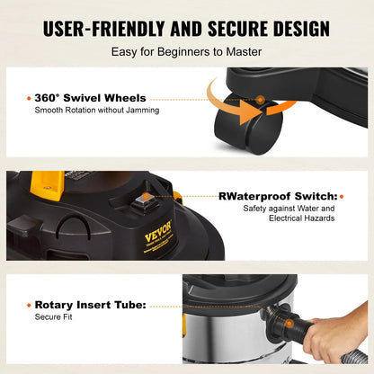 Stainless Steel Wet Dry Shop Vacuum Powerful Suction for Carpet Debris Pet Hair