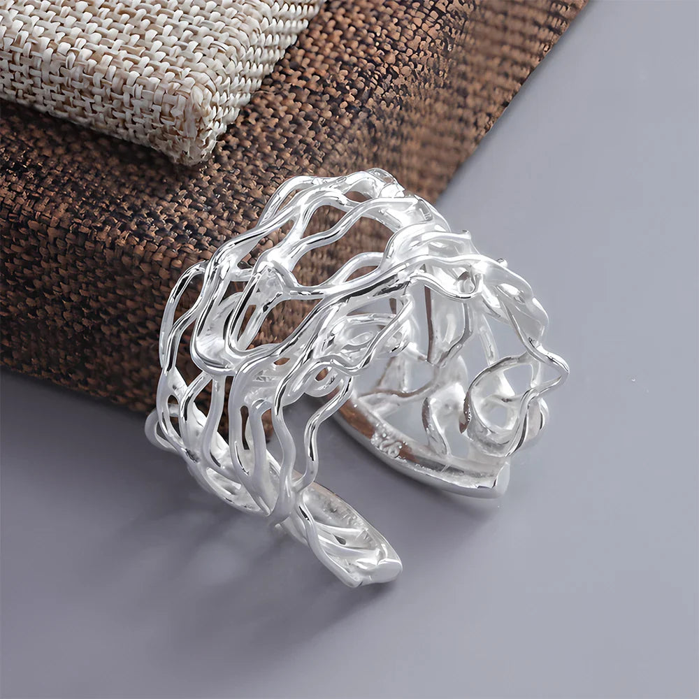 PANJBJ Real 925 Sterling Silver Retro Round Ring | Vintage Fine Jewelry for Women