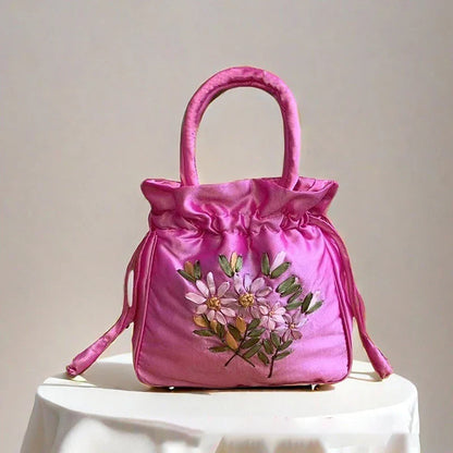 ZTBBAO Embroidered Flower Bucket Bag | Small Top Handle Handbag for Women