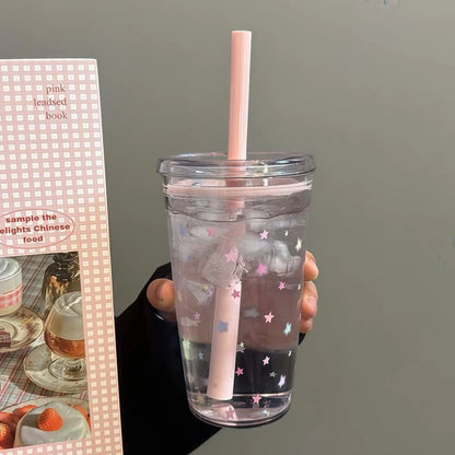 450ml Korean Style Straw Cup | Transparent Multi-Color Plastic Coffee Cup