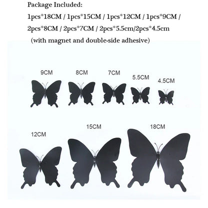 12Pcs/set 3D Black Pteris Butterfly Wall Sticker Set | Magnetic Decorations