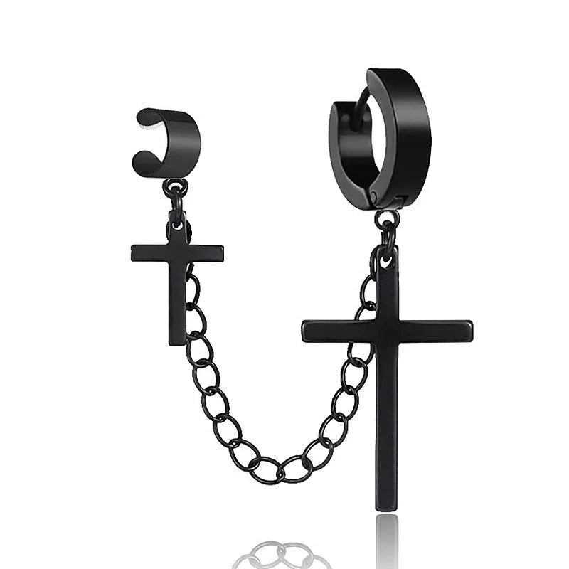 Cross Tassel Clip Earrings | Unisex Punk Hoop Earrings with Chain