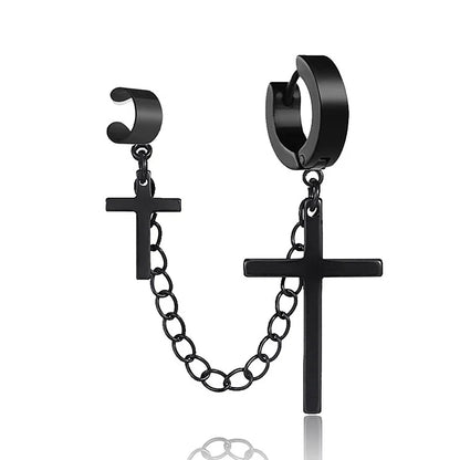 Cross Tassel Clip Earrings | Unisex Punk Hoop Earrings with Chain