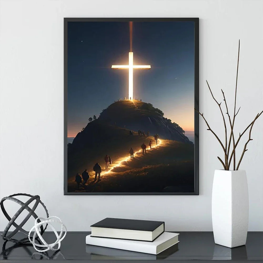 Peinture sur toile murale Croix chrétienne moderne au sommet de la montagne Jésus Croyants Affiches pour la décoration de chambre de maison ou d'église