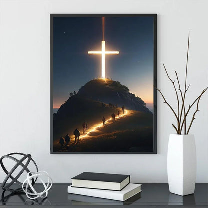 Peinture sur toile murale Croix chrétienne moderne au sommet de la montagne Jésus Croyants Affiches pour la décoration de chambre de maison ou d'église