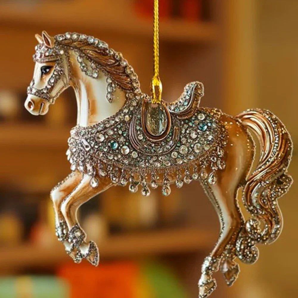 Pendentif de rétroviseur de voiture cheval acrylique 2D, ornement de sapin de Noël, décoration de fête de Nouvel An à suspendre