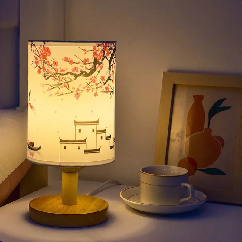 Lampe de table carrée à LED, dimmable, lampe de chevet avec abat-jour en tissu, décor de style chinois