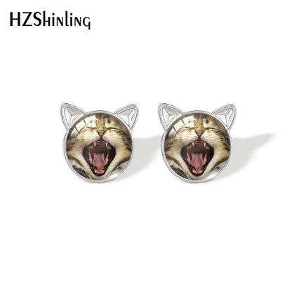 Lovely Cat Face Stud Earrings | Handmade Glass Dome Photo Printed Jewelry for Women