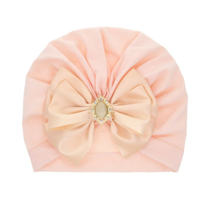 Solid Color Baby Turban Bow Beanie with Rhinestone | Handmade Infant Cap for Girls 0-2 Years