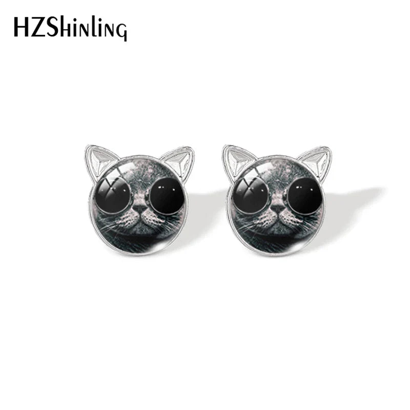 Lovely Cat Face Stud Earrings | Handmade Glass Dome Photo Printed Jewelry for Women