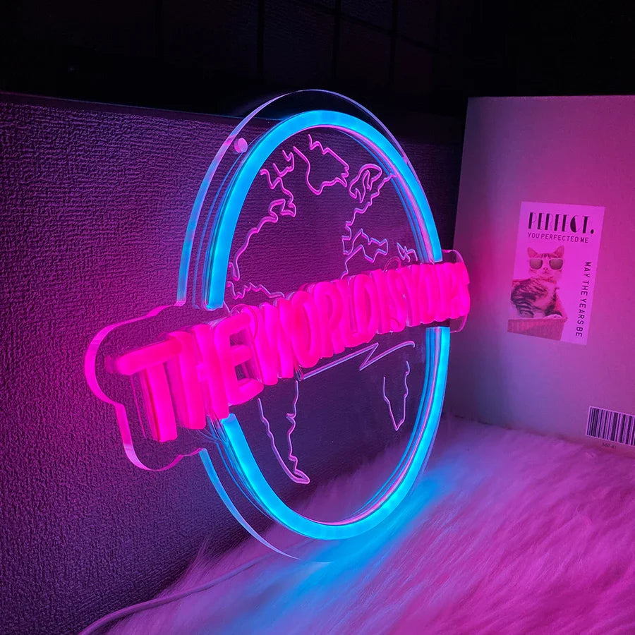 Letrero de neón LED "El mundo es tuyo", letrero con forma de tierra, escultura 3D, utilizado para la decoración de dormitorios, clubes y salas de juegos, alimentado por USB.