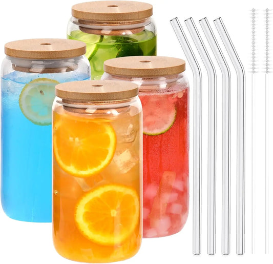 Vasos de cristal con forma de lata de 540 ml (18,6 oz) con tapas de bambú y pajitas de cristal para cerveza, café helado, vino, cócteles