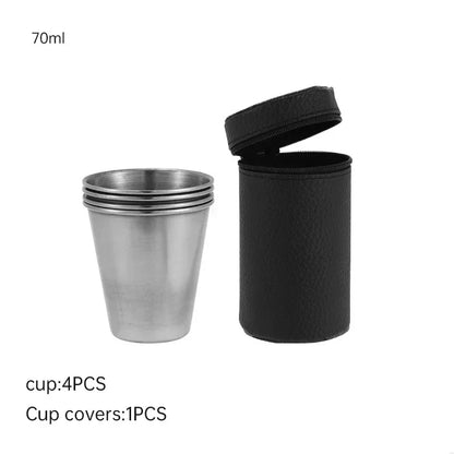 2025 Lot de 4 tasses de voyage d'extérieur en acier inoxydable, mini verres à whisky/vin avec étui, vaisselle portable 30ml/70ml/170ml