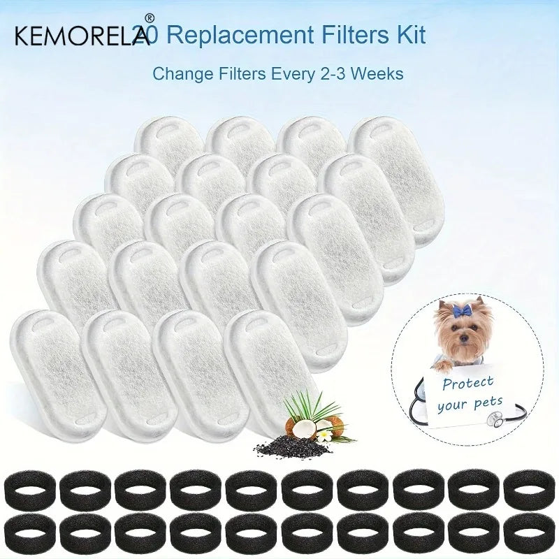 20 FILTRES de rechange pour fontaine à eau pour chat et distributeur d'eau pour chien en charbon actif avec 20 éponges pour l'hydratation des animaux de compagnie à domicile
