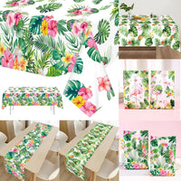 Tropical Hawaiian Party Tablecloth and Flamingo Decor Set | Plastic Table Runner and Candy Bags