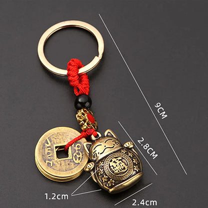 Handmade Brass Feng Shui Coins Keychain | Lucky Cat Car Keychain with Five Emperors Money