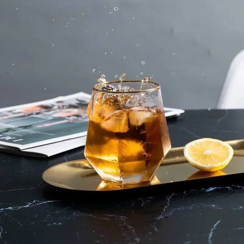 Gold Rim Hexagonal Crystal Glass | Elegant Whiskey & Wine Glass