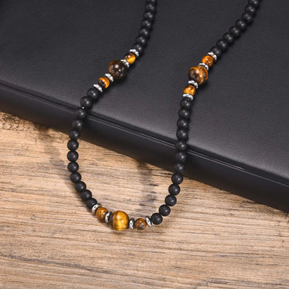 Casual Black Brown Beaded Necklace for Men | Summer Beach Tiger Eye Stone Jewelry