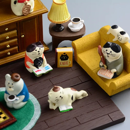 ZAKKA Miniatures Étude Bibliothèque Décoration Maison Mignon Dessin Animé Chat Rétro Bureau Gramophone Ornement Artisanat Accessoires Maison de Poupée Jouet Cadeau