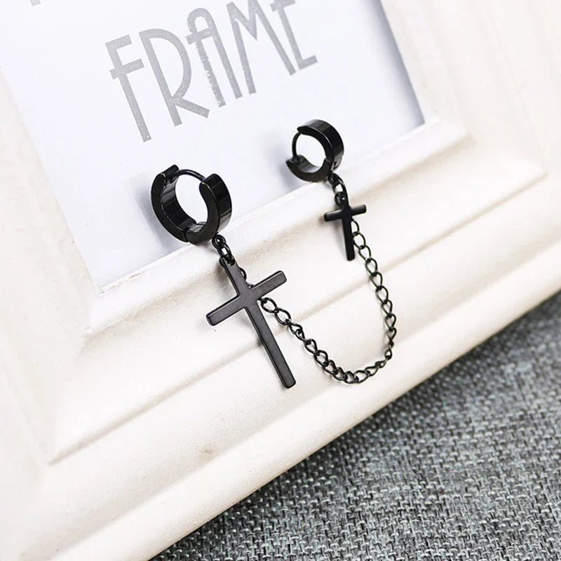 Cross Tassel Clip Earrings | Unisex Punk Hoop Earrings with Chain