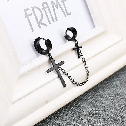 Cross Tassel Clip Earrings | Unisex Punk Hoop Earrings with Chain