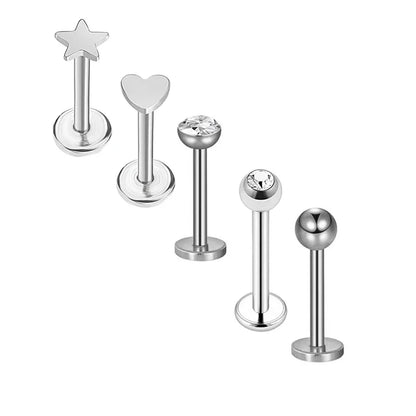 5pcs Mixed Heart Tragus Stud Earring Set | Cartilage Helix Lip Piercing Jewelry
