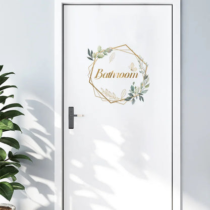 Green Plant Toilet Door Sticker Golden Letter Removable Self-adhesive Waterproof PVC Bathroom Decoration Decal