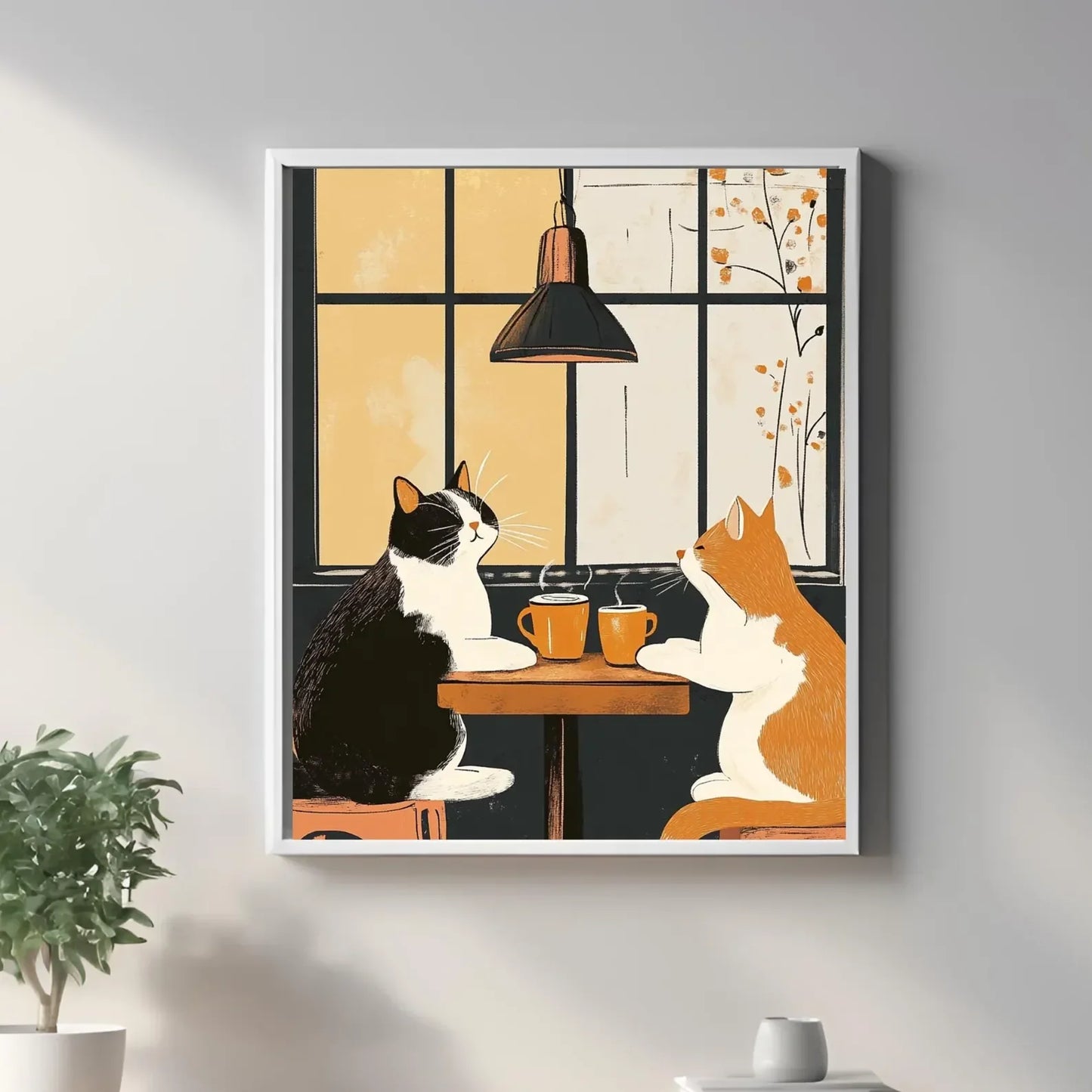 Décoration murale humoristique de chat buveur de café pour propriétaires de chats tigrés et chats smokings, impression vintage chat café, affiche chat noir café, kit d'animaux drôles uniques