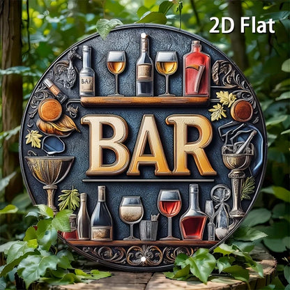 Plano 2D, 1 señal de barra de metal vintage - Elegante diseño de vino y copas, arte de pared redondo retro de aluminio para bares, cafeterías, casas de playa