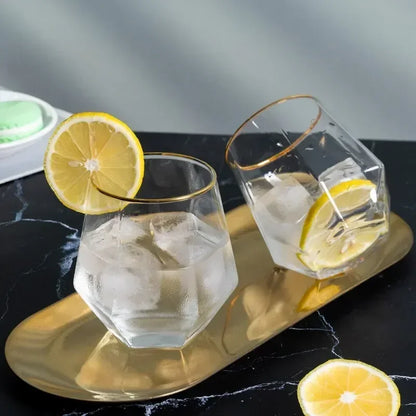 Gold Rim Hexagonal Crystal Glass | Elegant Whiskey & Wine Glass