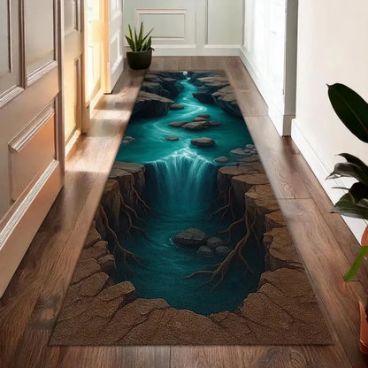 Tapis de sol 3D Cascade Canyon Impression Nature Réaliste Antidérapant pour Salon Chambre Couloir Décoration Maison