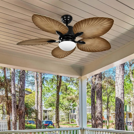 Ventilateur de plafond extérieur 5 pales feuilles de palmier marron tropical