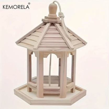 KEMORELA Comedero de pájaros de madera, 1 unidad, decorativo para exteriores, tejido, para colgar, casa de pájaros, jaula, sistema de alimentación de agua