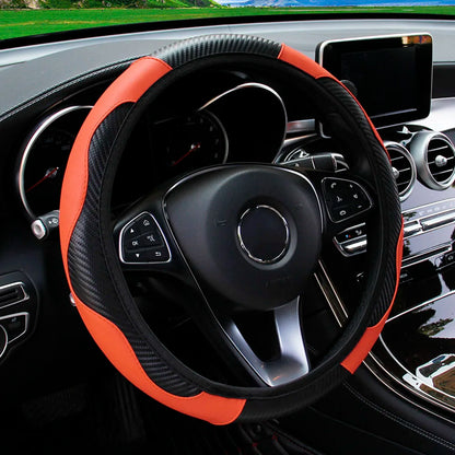 PU Carbon Fiber Leather Car Steering Wheel Cover | 14.5-15 Inch Grip Enhancer