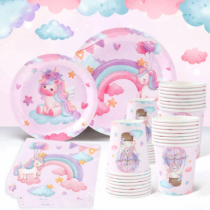 Set de vaisselle jetable licorne Assiettes Gobelets Serviettes Décoration de fête d'anniversaire Enfants Garçon Fille Fournitures de fête d'anniversaire de mariage