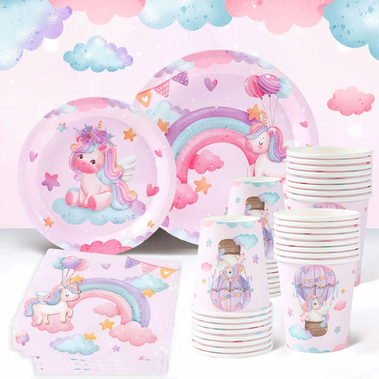 Juego de vajilla desechable de unicornio: platos, vasos, servilletas, decoración de fiesta de cumpleaños para niños y niñas, artículos para fiesta de cumpleaños de boda