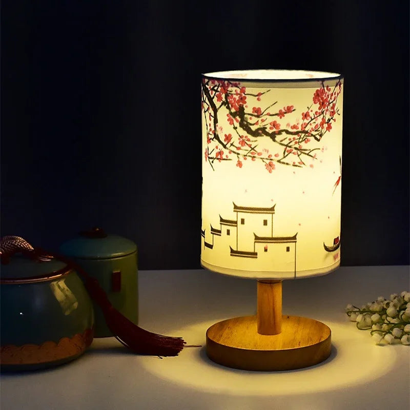 Lampe de table carrée à LED, dimmable, lampe de chevet avec abat-jour en tissu, décor de style chinois