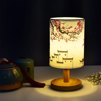 Lampe de table carrée à LED, dimmable, lampe de chevet avec abat-jour en tissu, décor de style chinois