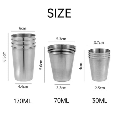 2025 Lot de 4 tasses de voyage d'extérieur en acier inoxydable, mini verres à whisky/vin avec étui, vaisselle portable 30ml/70ml/170ml
