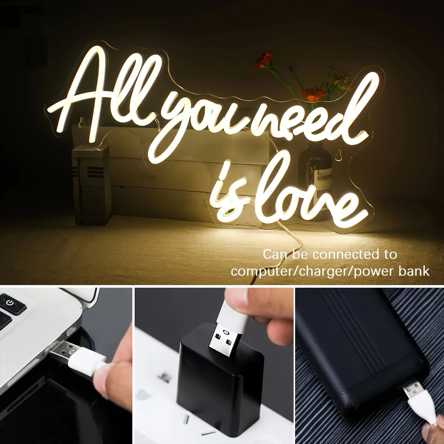 Enseigne au néon "All You Need Is Love" LED Décoration murale lumineuse au néon pour chambre, fête, anniversaire, mariage, cadeau pour ami, alimenté par USB