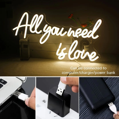Enseigne au néon "All You Need Is Love" LED Décoration murale lumineuse au néon pour chambre, fête, anniversaire, mariage, cadeau pour ami, alimenté par USB