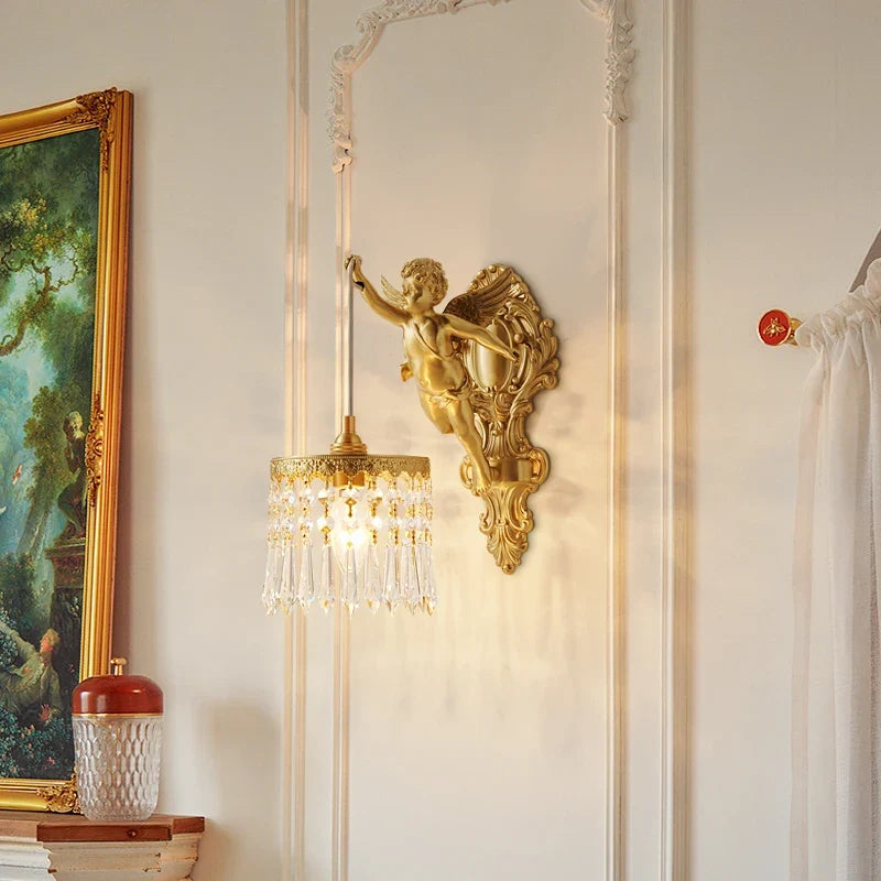 Brass Angel Wall Lamp Crystal Sconce Light Bedside Balcony Corridor Porch Decor
