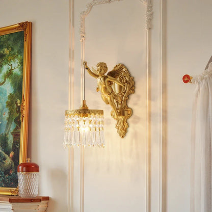 Brass Angel Wall Lamp Crystal Sconce Light Bedside Balcony Corridor Porch Decor