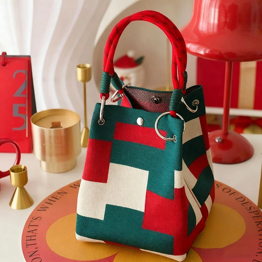 Women's Vintage Floral Knit Tote Bag Storage Bag Lightweight with Adjustable Straps & Metal Rings Snap Closure for Casual Travel