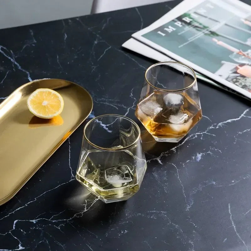Gold Rim Hexagonal Crystal Glass | Elegant Whiskey & Wine Glass