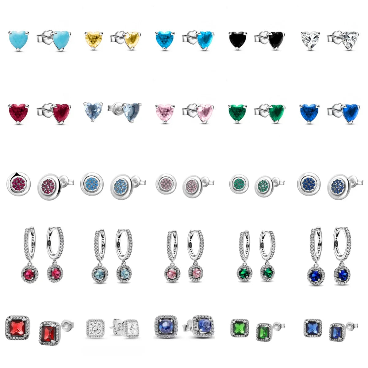 925 Silver Heart Stud Earrings | Pink Red Multi-Color Crystal Jewelry