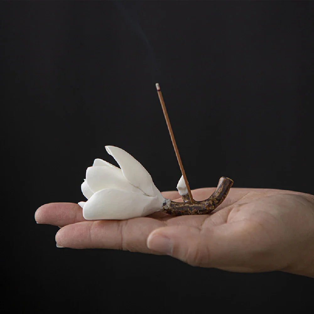 Ceramic Magnolia Flower Incense Holder | Handmade Zen Decor