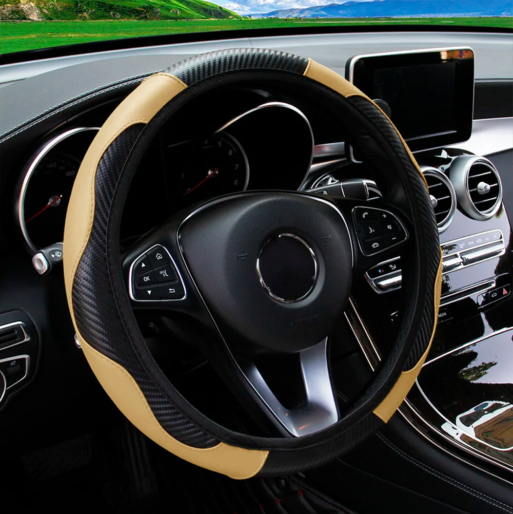 PU Carbon Fiber Leather Car Steering Wheel Cover | 14.5-15 Inch Grip Enhancer