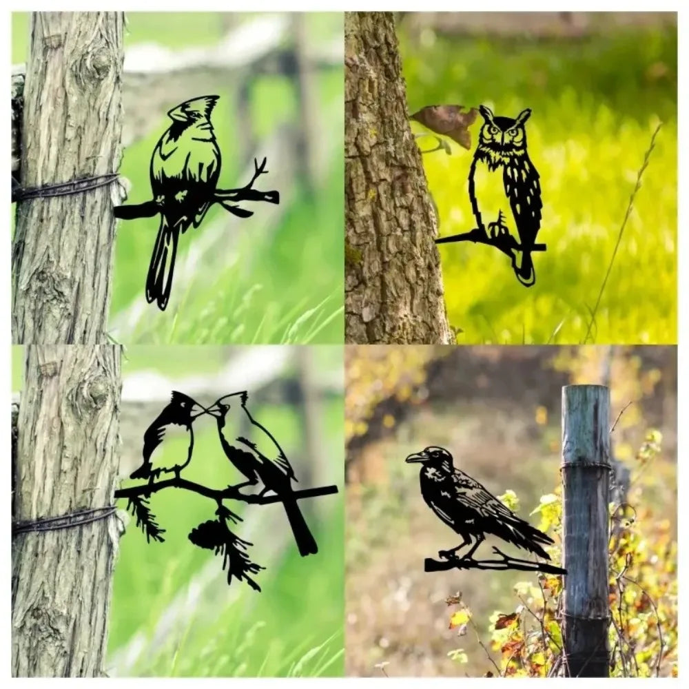 Décoration de jardin en métal - Silhouette de corbeau et de hibou en acier, sculpture artistique, décoration de jardin extérieure résistante aux intempéries