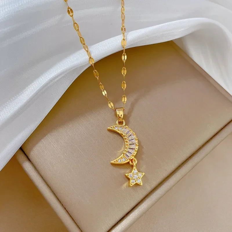 Crescent Moon Pendant Necklace | Vintage Stainless Steel Choker for Women